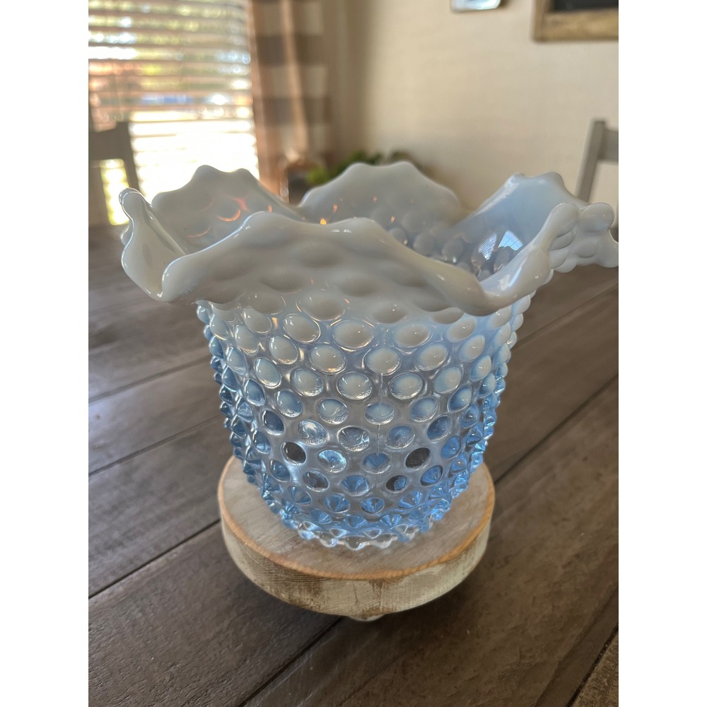 Vintage Fenton Blue Opalescent Hobnail Glass Vase Double Crimped Ruffled Rim